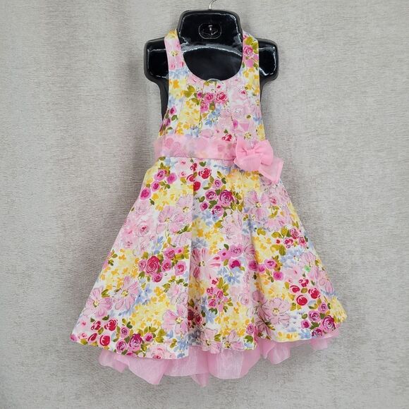 Jessica Ann Yellow and Pink Floral Sparkly Halter Dress Pink Satin Petticoat - Picture 1 of 12